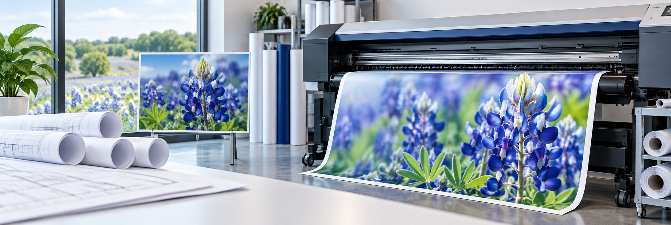 Wide-format printer producing a bluebonnet banner with blueprints in Cedar Park, TX