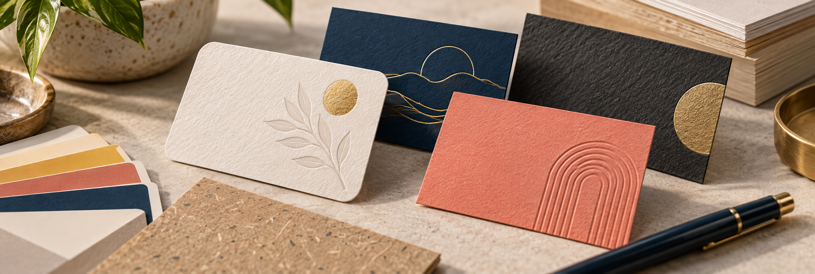 Premium business cards in varied colors, textures and finishes