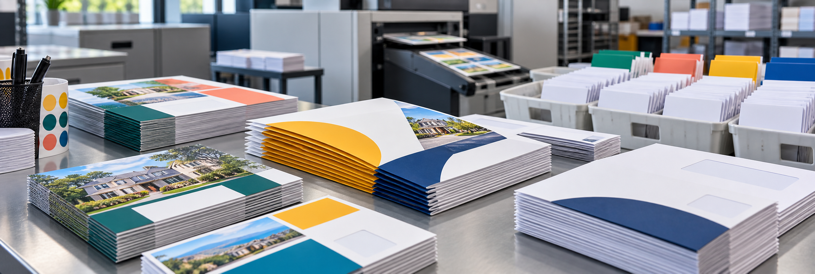 Printed postcards, folded mailers and envelopes organized for a direct-mail campaign