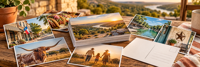 Stack of colorful postcards featuring Texas travel, food and family scenes