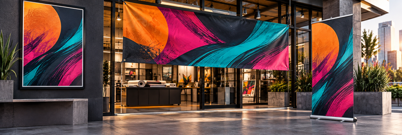 Vibrant banner, poster and retractable display outside a modern storefront